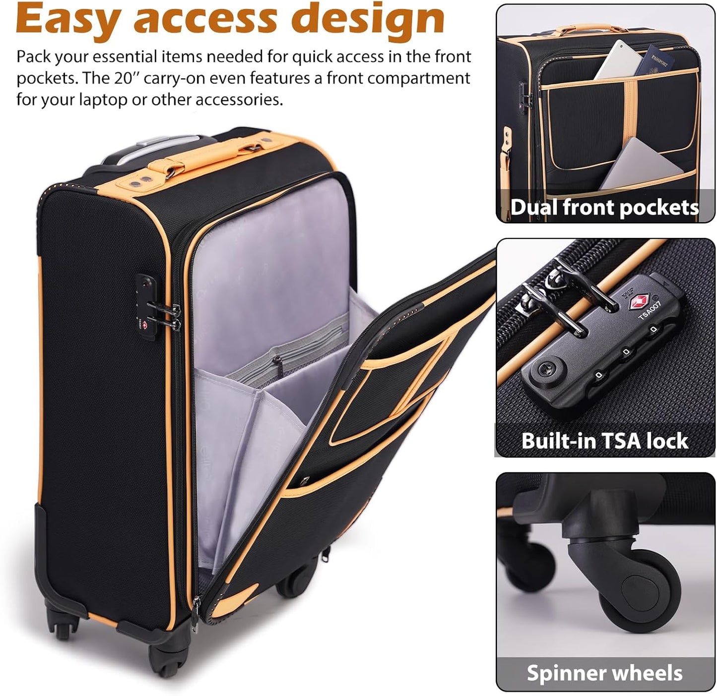 Coolife Luggage 5 Piece Set Suitcase Expandable TSA lock spinner softshell