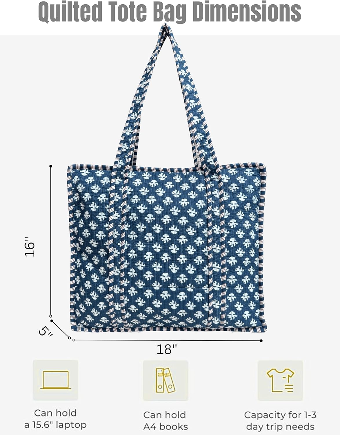 Cotton Quilted Tote Bag for Women – Large Beach & Travel Tote with Zipper, Reusable Grocery Bag