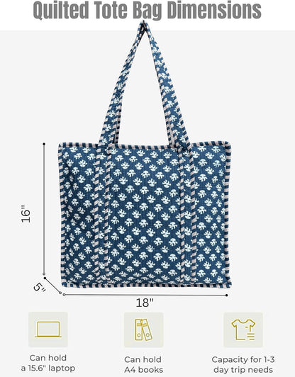 Cotton Quilted Tote Bag for Women – Large Beach & Travel Tote with Zipper, Reusable Grocery Bag