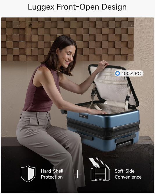 Carry On Luggage Top Opening, FLT Expandable Polycarbonate Hard Shell Suitcase with Wheels (FLO-Lite, Blue, 20 Inch, 38L-43L)