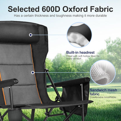 LET'S CAMP Oversized Camping Chairs 29.52" High Back Heavy Duty Lawn Chair Support 500LBS, Portable Collapsible Chair with Cup Holder, Side Pocket,2 Pack(Black)