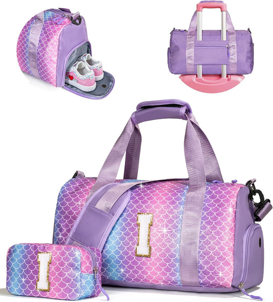 Birthday Gifts for Granddaughter-Girl Gym Bag with Shoe Compartment, Kid Personalized Weekender Overnight Bags, Initial Travel Tote with Makeup Pouch Valentine's Day Gift for Kids (Letter I)