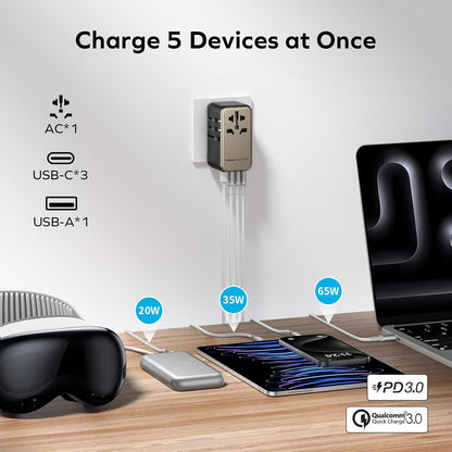 MOMAX Universal Travel Adapter, 120W GaN Fast International Power Adapter, 3 USB C & 1 USB A, Worldwide Travel Plug Adapter, All-in-One Worldwide Wall Charger for USA European UK AUS (Type C/G/A/I)