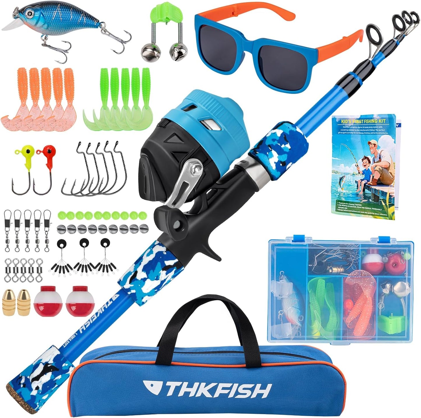 Kids Fishing Pole Set, Telescopic Fishing Rod Reel Combo Kids Starter Kit with Lures Tackle Box, Foldable Stool and Portable Bag for Boys Girls Younth