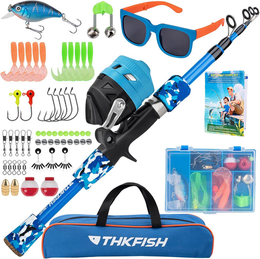 Kids Fishing Pole Set, Telescopic Fishing Rod Reel Combo Kids Starter Kit with Lures Tackle Box, Foldable Stool and Portable Bag for Boys Girls Younth