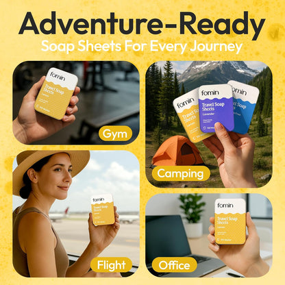 FOMIN - Antibacterial Paper Soap Sheets Tin for Traveling - (100 Sheets) Lemon Portable Travel Hand Soap Sheets, Dissolvable Mini Camping Hand Soap for Hand Washing