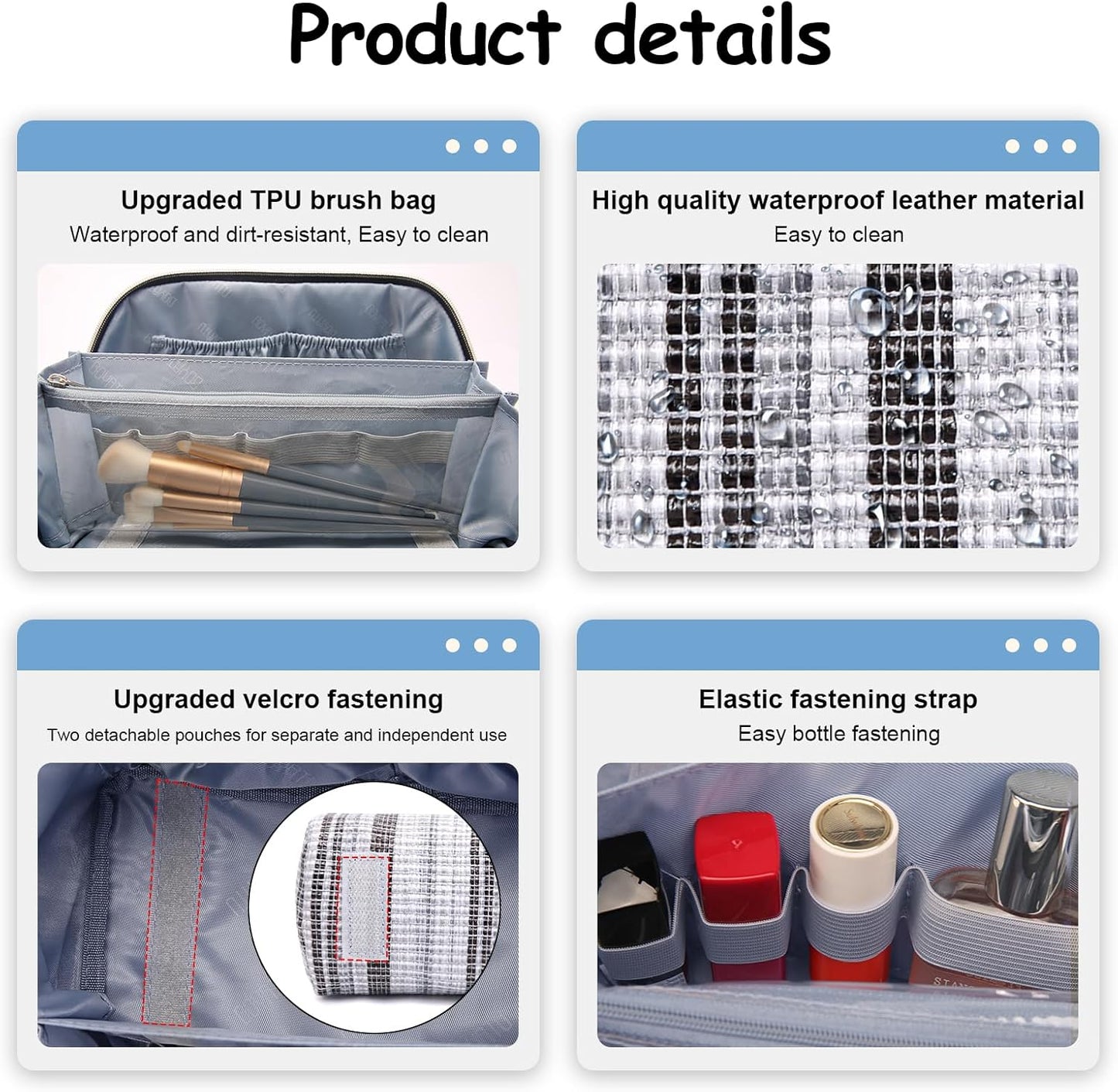 Travel Makeup Bag for Women: Large Capacity Open Flat Make up Bag Set of 3 - Vegan Leather Cosmetic Bag with Compartments - Waterproof Toiletry Bag with Handle & Divider(Black)