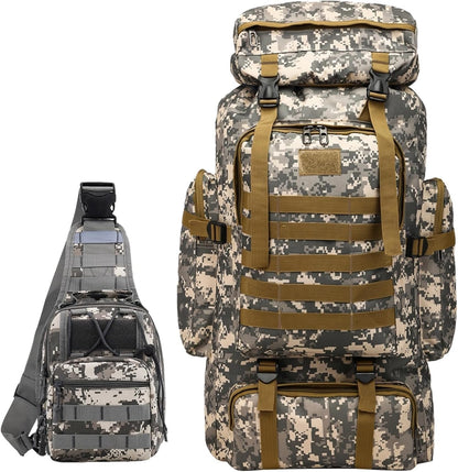 80L 2Pcs Hiking Backpack for Men with Sling Tactical Backpack - Rucksack Molle Military Tactical Waterproof Lightweight Camping Backpack 3 Day Assault Pack for Travel, Climbing, Backpacking