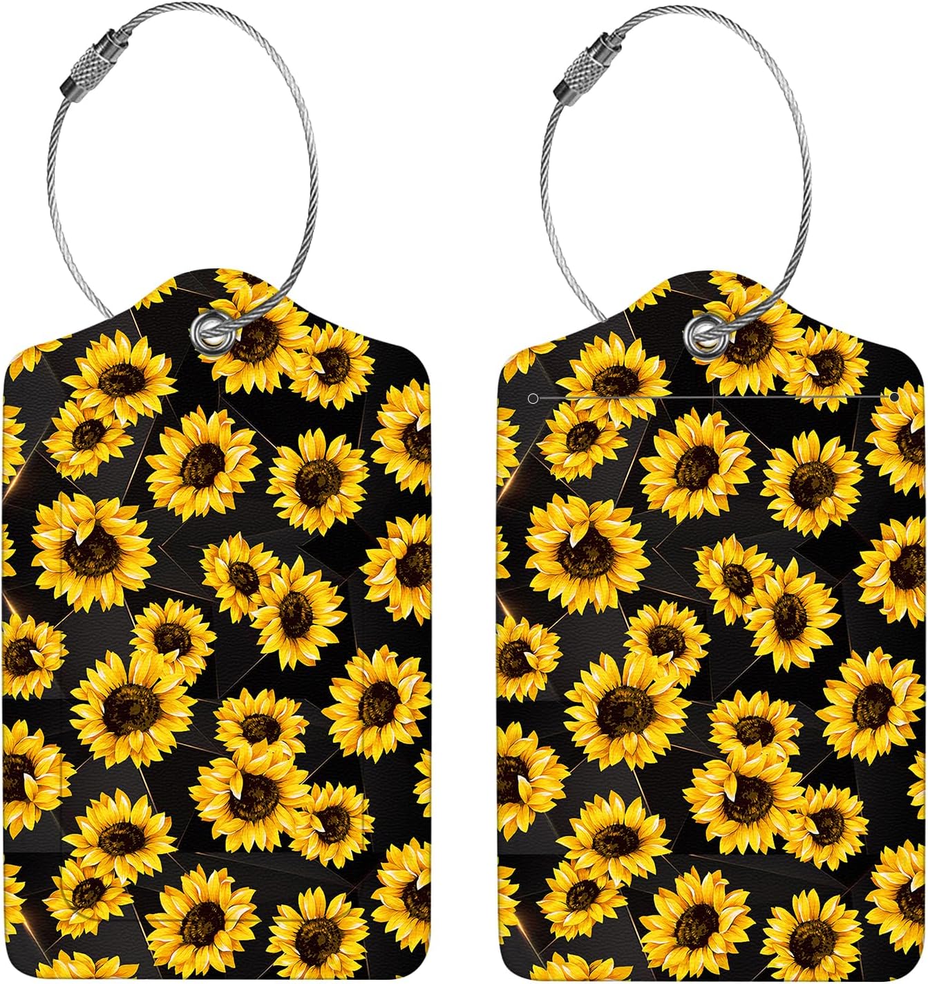 2 Pcs Luggage Tags for Suitcase, Cute Unique PU Leather Travel Bag Tag with Privacy Cover ID Label Address Card and Durable Metal Ring Suitable for Men Women Children Backpack,Sunflower
