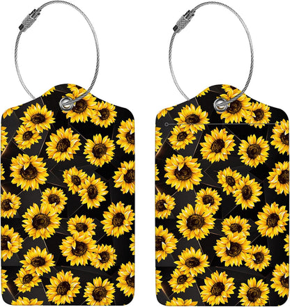 2 Pcs Luggage Tags for Suitcase, Cute Unique PU Leather Travel Bag Tag with Privacy Cover ID Label Address Card and Durable Metal Ring Suitable for Men Women Children Backpack,Sunflower