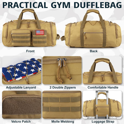 Tactical Gym Bag for Men，70L Large 3 in 1 Sports Duffle Bag with Shoes Compartment for Travel,Water Resistant Travel Backpack Weekender Overnight Bag with Wet Pocket for Women