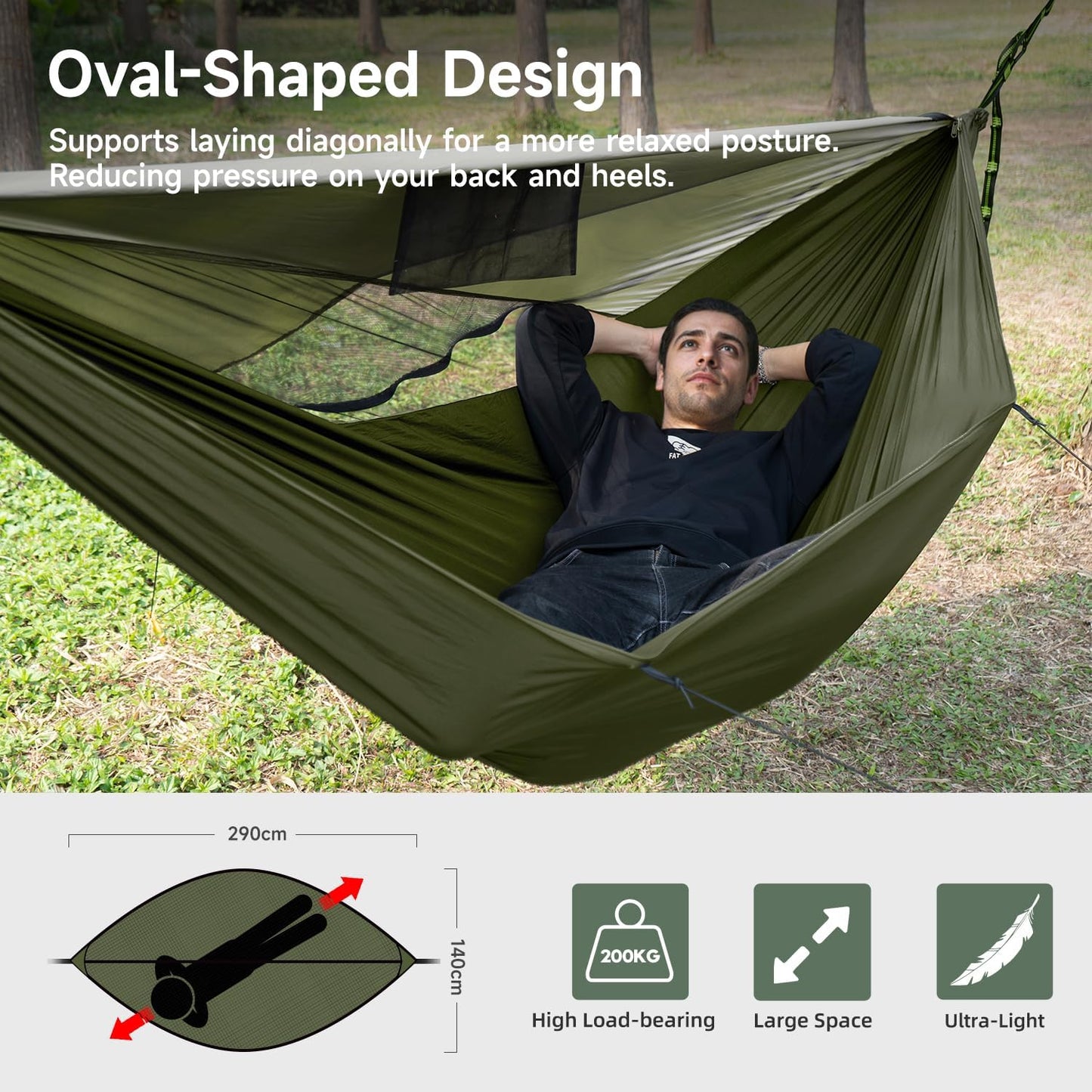 Camping Hammock with Mosquito Net and Sunshade, Backpacking Hammock with Ridge Rope Tree Straps, Lightweight Portable Hammocks for Outside, Hiking, and Travel