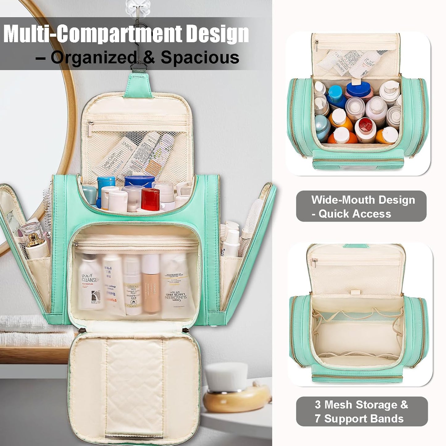 Travel Toiletry Bag for Women, Hanging Toiletry Bag, Bathroom Bag Portable Shower Caddy for College Dorm Travel Shower Bag for Women Water-Resistant Cosmetic Makeup Bag (Green)