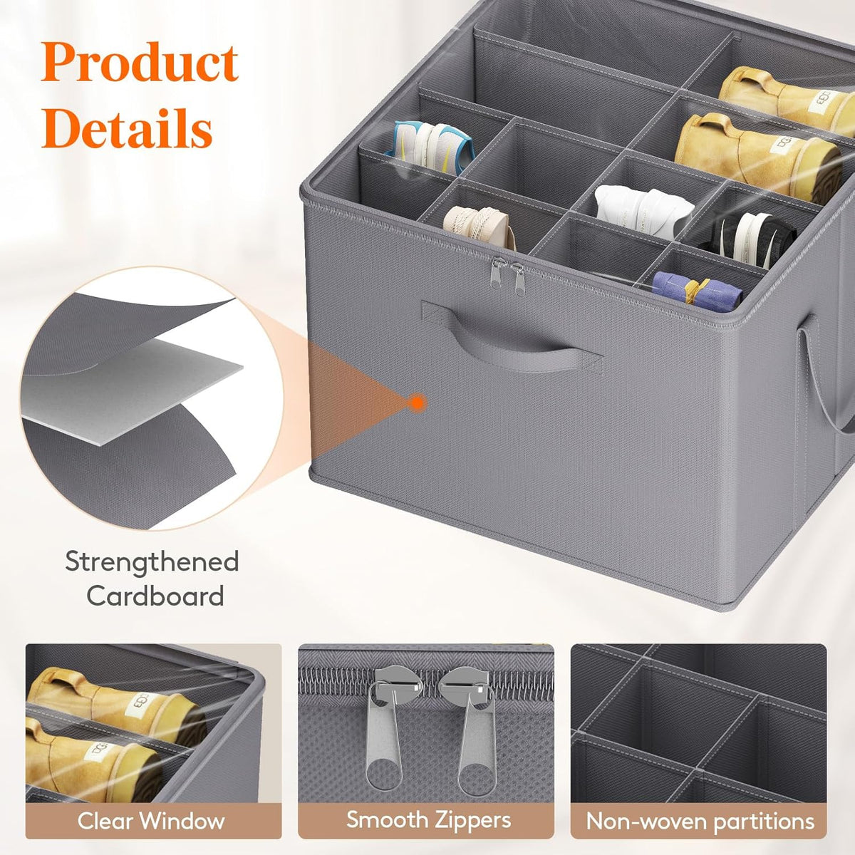 Lifewit Shoe Storage Organizer for Closet, Fits 12-16 Pairs, Large Shoe Box Storage Containers with Clear Cover and Reinforced Handles, Foldable Storage Bins Fits for Boots Heels Sneakers, 3 Pack Gray