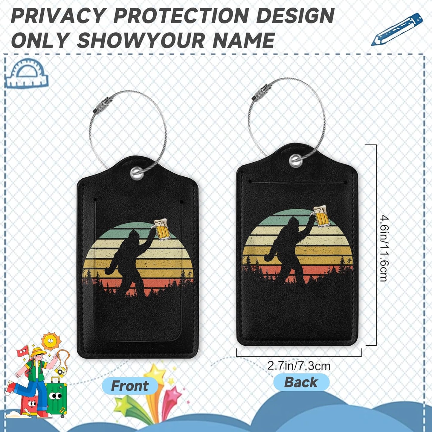 2 Pack Leather Luggage Tag for Suitcase Bigfoot Love Drinking Beer Unique Travel Tags with Privacy Cover ID Label & Stainless Steel Loop for Men and Women Baggage