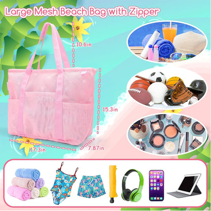 Tagitary Mesh Beach Bag with Zipper Large Beach Tote Waterproof Sandproof with 8 Pockets for Toys Pool Bag Beach Accessories