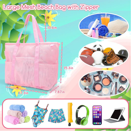 Tagitary Mesh Beach Bag with Zipper Large Beach Tote Waterproof Sandproof with 8 Pockets for Toys Pool Bag Beach Accessories
