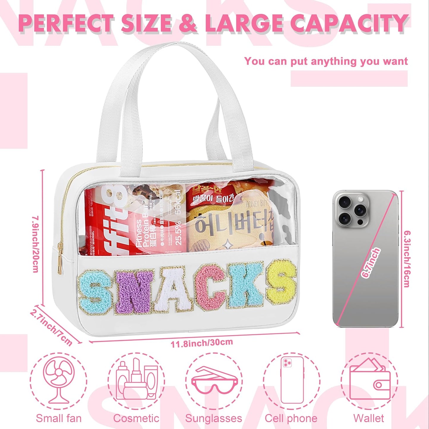 Snack Bag for Travel - Chenille Letter Clear Makeup Bag, Large Preppy Patch Snack Cosmetic Bag with Handle and Zipper, Cute Makeup Pouch Nylon&PVC Waterproof Toiletry Organizer Storage for Women Girls