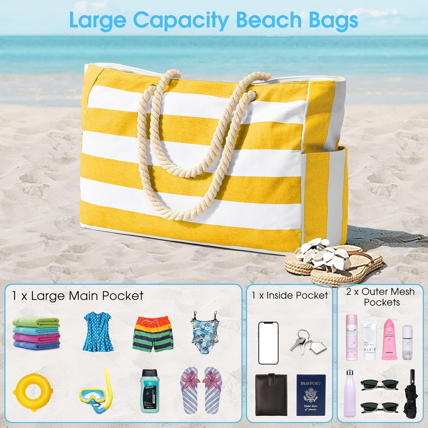 Becokan Beach Bags for Women Large Waterproof Beach Tote Bag Zipper Beach Bags Waterproof Sandproof Swim Pool Bag Large Tote