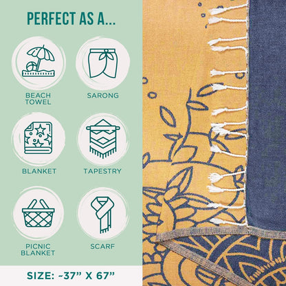 Sand Cloud Turkish Beach Towel - Sand Free - 100% Organic Turkish Cotton Yarn - Quick Dry Towel for Beach, Picnic, Blanket or Bath Towel - As Seen on Shark Tank - Flower Mandala Navy