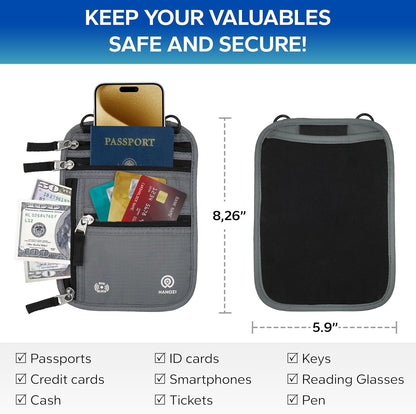 Neck Wallet – Travel Pouch and RFID Blocking Passport Holder for Women and Men, Slim Travel Wallet (Smoke Grey)