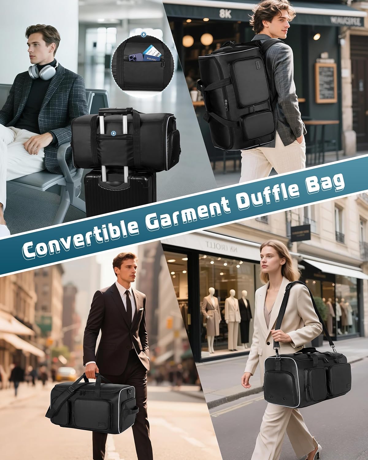 50L Convertible Garment Duffle Bag Backpack with Inner Removable Bag and Shoe Compartment, Travel Suit Bag for Business or Wedding Trips, Black