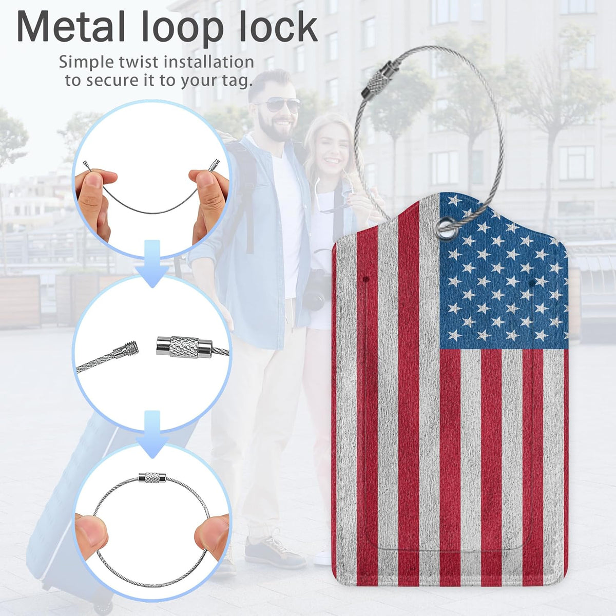 Luggage Tags for Suitcase,American Flag Luggage Tags of Set 2 Leather Identifiers Privacy Cover with Stainless Steel Loop for Women Men Travel Bag Suitcase