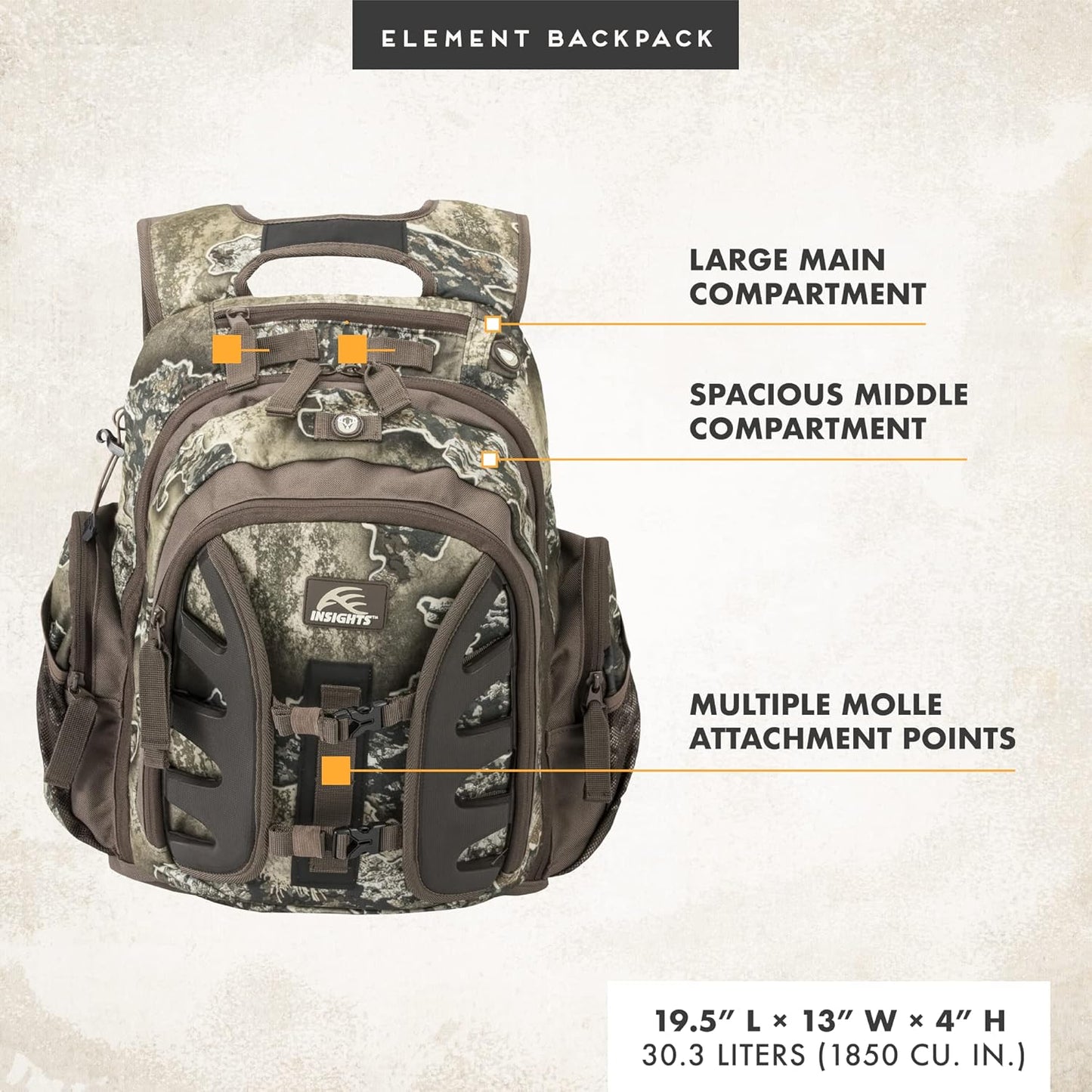 Insights Hunting by frogg toggs - The Element, Heavy Duty 1,831 Cubic Inch Hiking Fishing Camping Hunting Backpack, Realtree EXCAPE