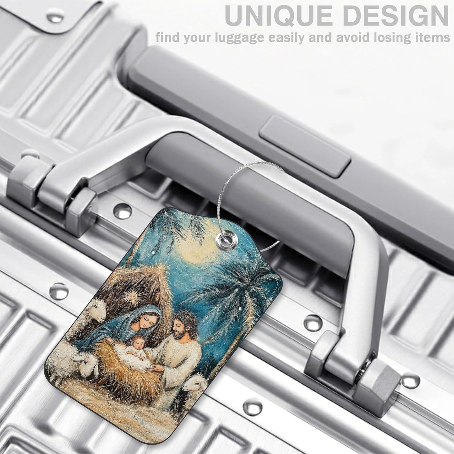 2 Pcs Nativity Scene Luggage Tags for Suitcases PU Leather Baggage Tags Name ID Label with Privacy Cover and Stainless Steel Loop for Men Women Travel Bag Suitcase