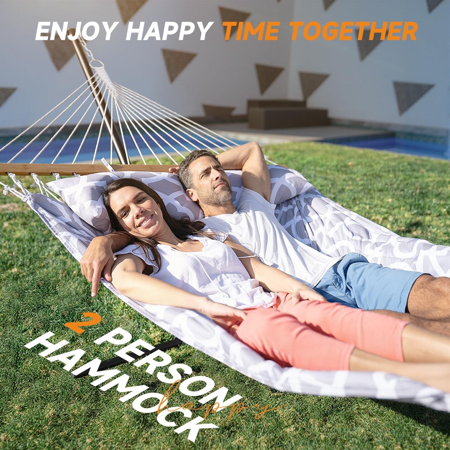 2 Person Outdoor Hammock with Stand, Cotton Rope Hammock with Polyester Pad, Adjustable Steel Frame, Portable with Carrying Bag – for Patio, Backyard, Garden, Beach, Cloud-Gray