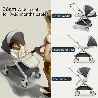 Hot Mom Baby Lightweight Stroller, Intelligent Seat Reversing，Double Brake and PU Anti-Shock Tire Combine Baby Pushchair, Newborn to Toddler's Baby Stroller, Grey