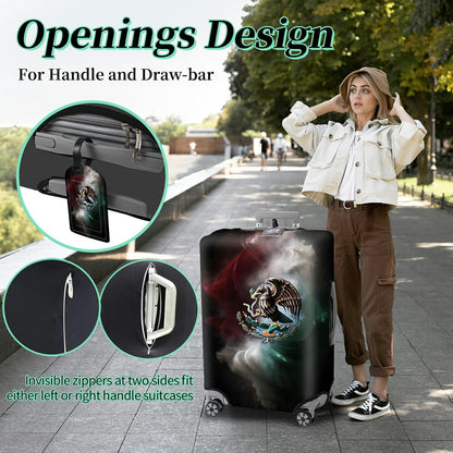 Luggage Cover + Tag, Mexican Flag Eagle Travel Suitcase Protector for 18-20 inch Luggage (S) with Concealed Zipper, Washable Elastic Cloth, Dustproof, Anti-Scratch