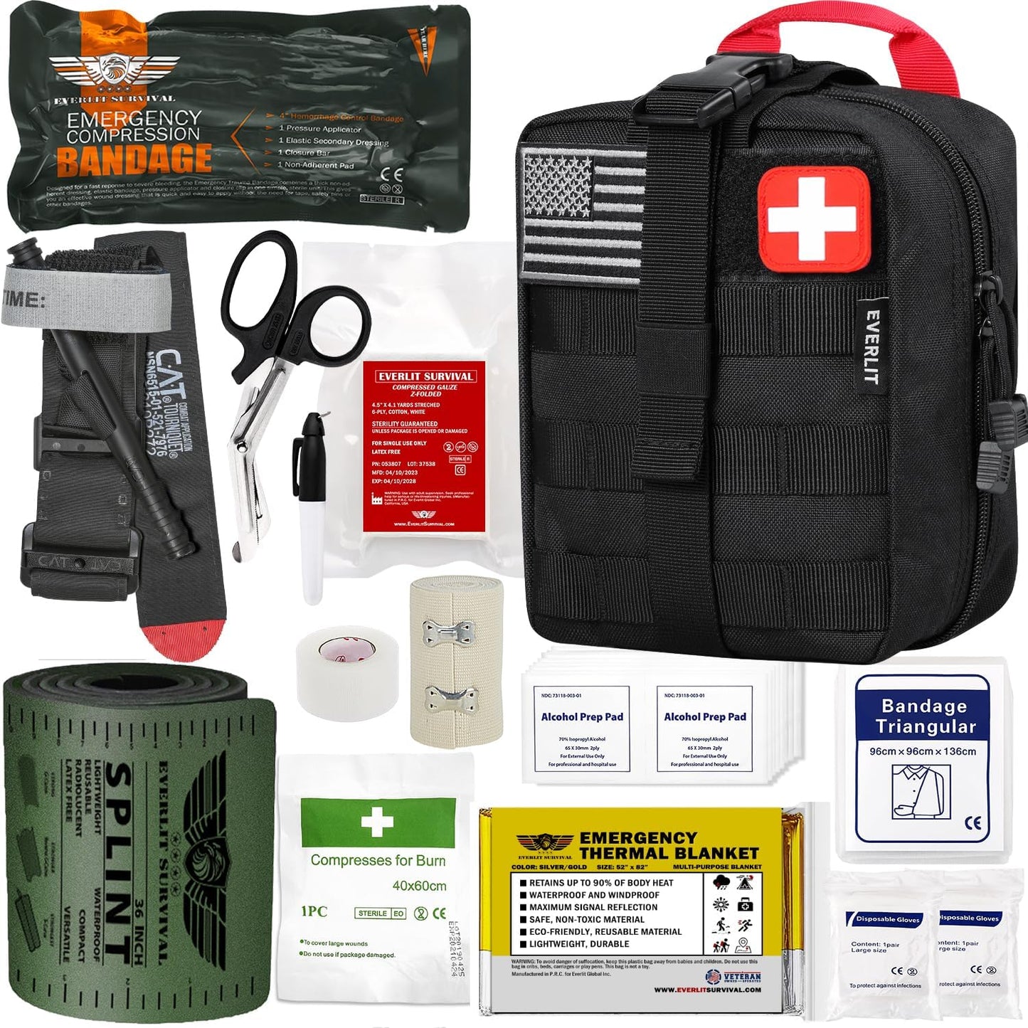 EVERLIT Emergency Trauma Kit, CAT GEN-7 Tourniquet 36" Splint, Military Combat Tactical IFAK for First Aid Response, Critical Wounds, Severe Bleeding Control (Black)
