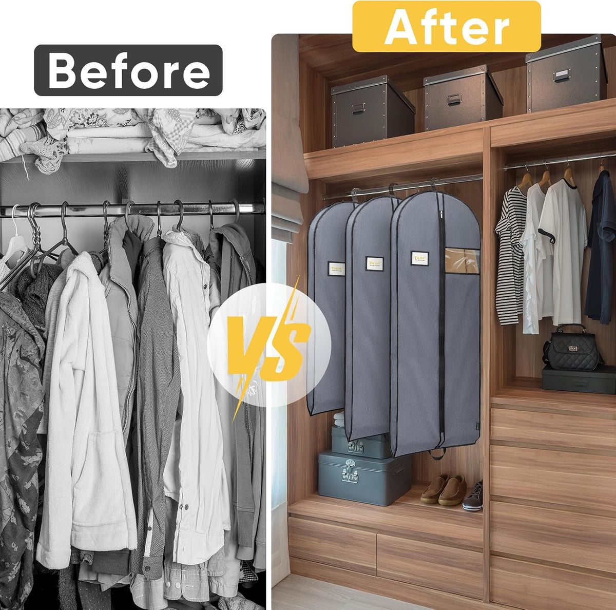 BALEINE 5PK Heavy Duty Garment Bag with Shoe Storage Travel Bag for Dresses, Suit, Coats Travel Essential (43", Grey)