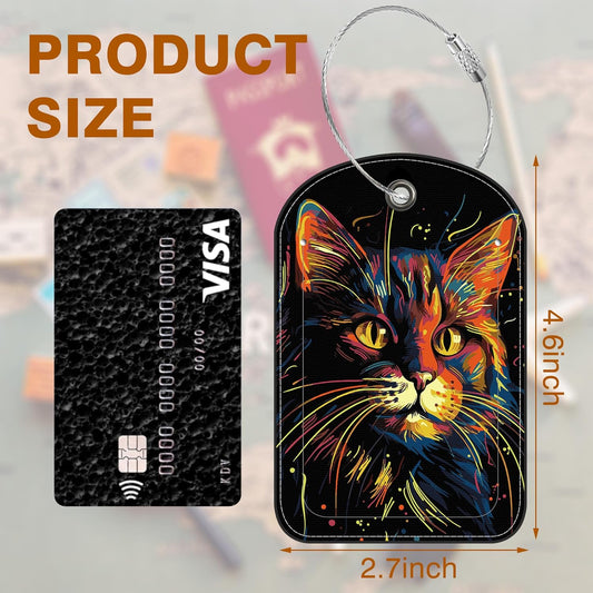 2 Pack Luggage Tag for Suitcase Colorful Cat Leather Suitcase Tags with Privacy Name ID Label and Stainless Steel Loop for Travel Bag