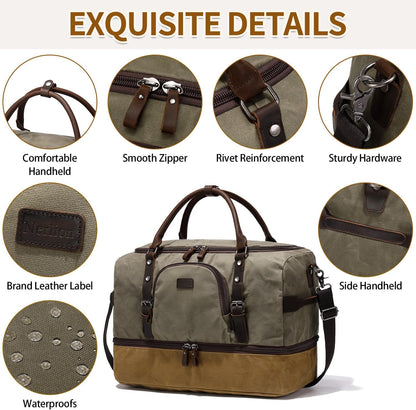 Nerlion Green Large Weekender Overnight Duffel Bag with Shoe Compartment and Leather Accents
