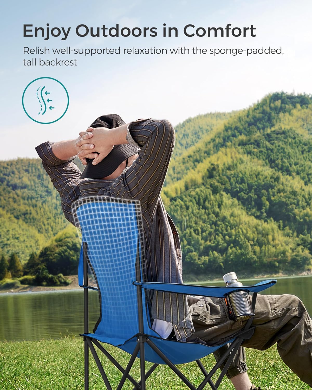 SONGMICS Folding Camping Chair, with Comfortable Sponge Seat, Cup Holder, Heavy Duty Structure, Max Load Capacity 551 lb, Outdoor Picnic Chair, Blue and Black UGCB06BU