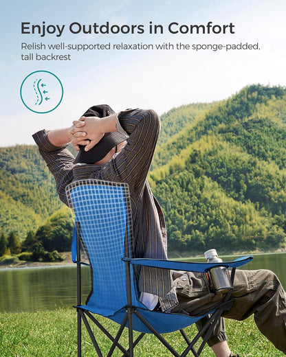 SONGMICS Folding Camping Chair, with Comfortable Sponge Seat, Cup Holder, Heavy Duty Structure, Max Load Capacity 551 lb, Outdoor Picnic Chair, Blue and Black UGCB06BU