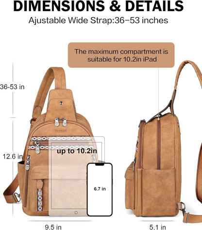 FADEON Large Sling Bag for Women, Leather Crossbody Purse Designer Anti Theft Sling Backpack, RFID Fanny Packs for Travel