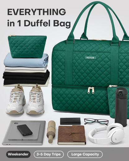 HOTOR Travel Duffel Bag - Weekender Bags for Women, Carry On Overnight Bag with Shoe Compartment, with Toiletry Bag for Travel Essentials and Travel Accessories, Dark Green, 13.4"×17.3"×7.9"