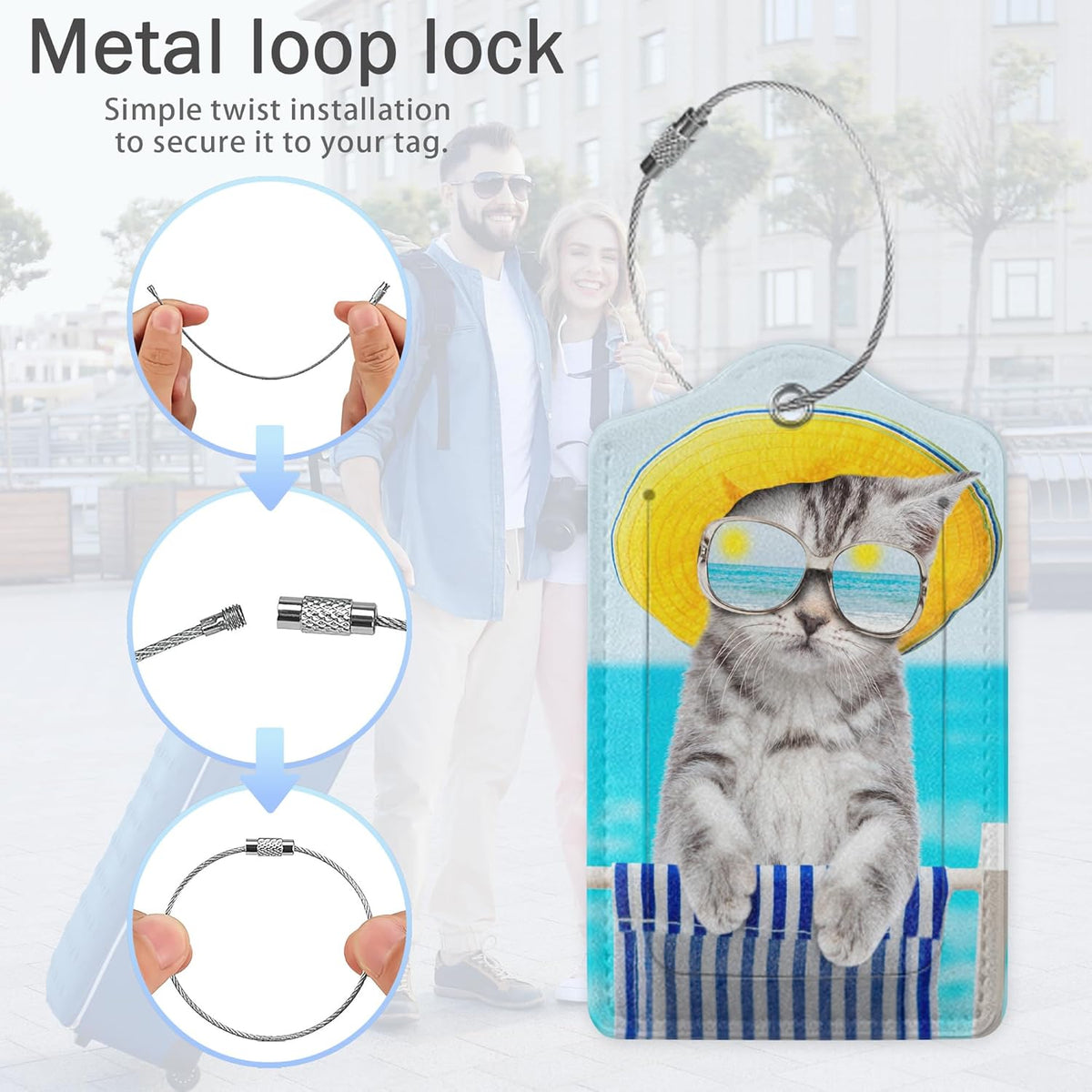 Luggage Tags for Suitcase,Cat Dog Sunglasses Beach Luggage Tags of Set 2 Leather Identifiers Privacy Cover with Stainless Steel Loop for Women Men Travel Bag Suitcase