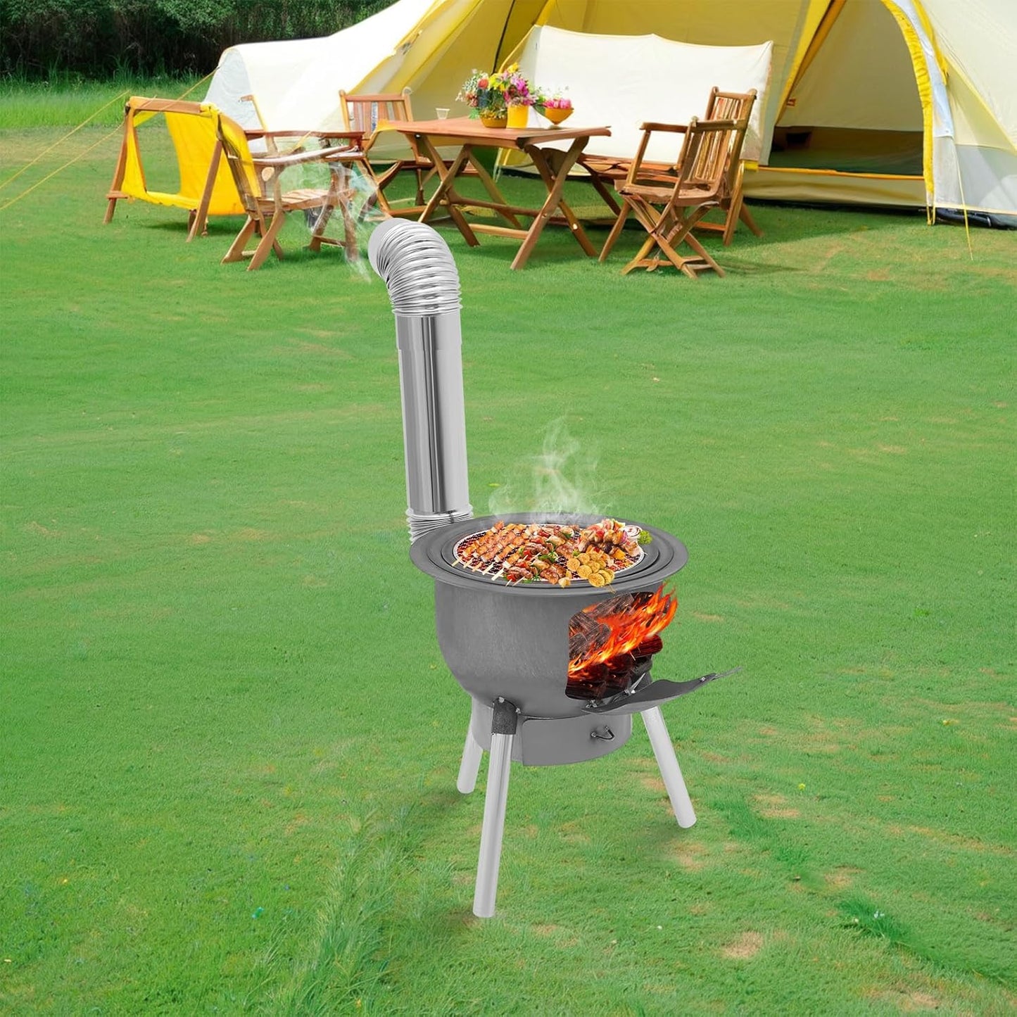 Camping Stove, Wood Burning Stove, Portable Grill Barbecue Cooking Grate and Cooktop with 3 Size Stove Rings, Multi-Functional Firewood Stove for Outdoor, Fishing, Hiking