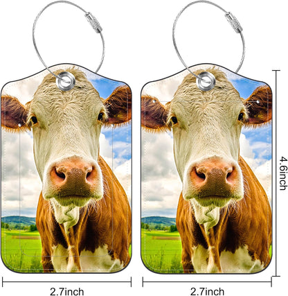 2 Pack Luggage Tag for Suitcase Funny Cow Leather Suitcase Tags with Identifiers Privacy Cover Name Address Labels and Stainless Steel Loop for Teens Adults, 4.6 x 2.7 inch