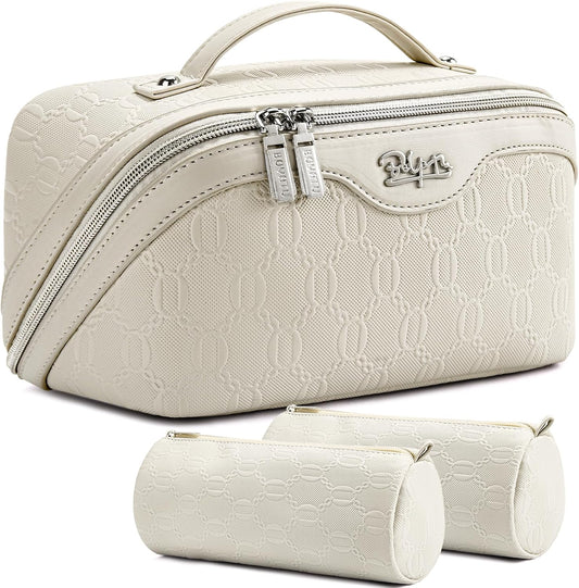 BOYATU Travel Makeup Bag for Women: Cosmetic Organizer Bag with Compartments - Leather Make up Bags Set of 3 (White)