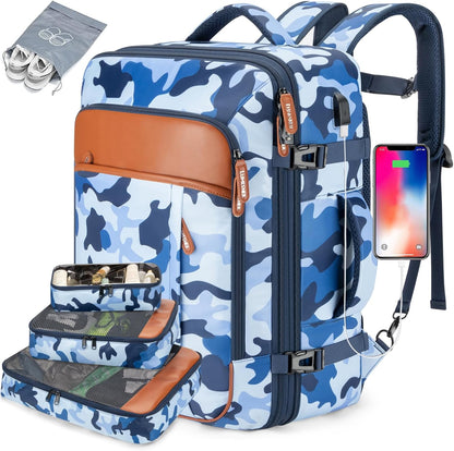 Travel Backpack 42L Carry on Backpack Flight Approved Expandable Travel Backpack Carry on Backpack Luggage Daypack (Blue Camouflage)