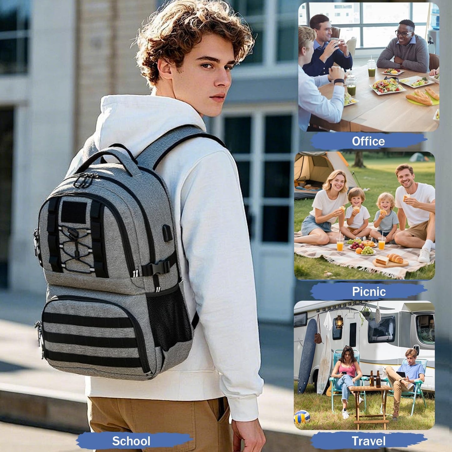 Laptop Lunch Backpack for Men - 40L Large Capacity Work Backpack with Lunch Compartment and USB Post, RFID Insulated Cooler Backpack for Work, Travel, Picnic, Black+Gray