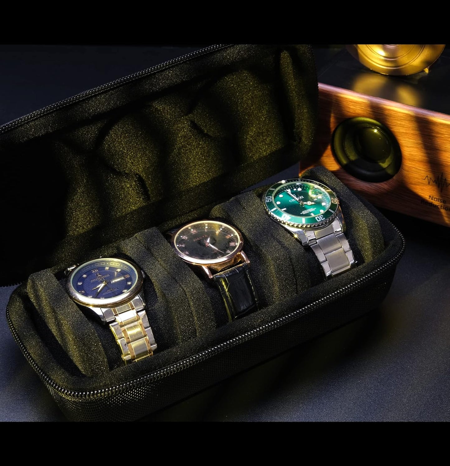 3 Slot Hard Watch Travel Case, Watch Roll Case Storage and Organizer for Men and Women, with anti-move watch pillow (Black fabric 3Slots)