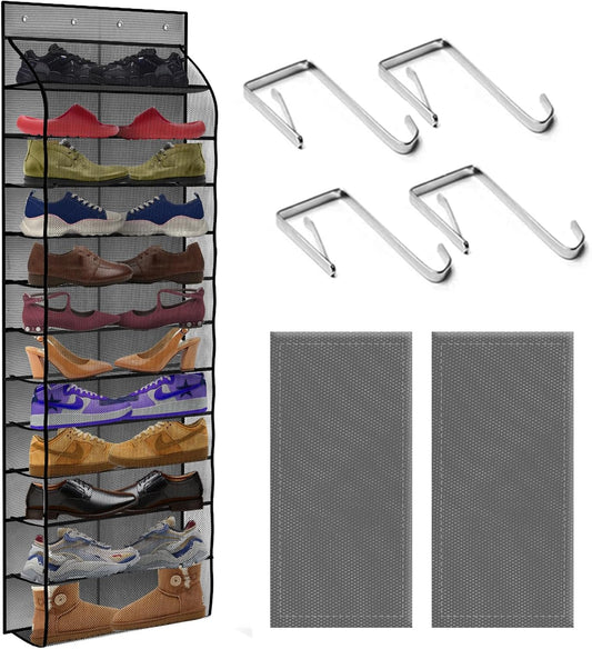 12 Pocket Over the Door Shoe Organizer,Reusable Breathable Large Mesh Bag Men's & Women's Sneaker Organizer,Shoe Organizer for Kids,Hanging Shoe Storage Hanging Bag (Gray)