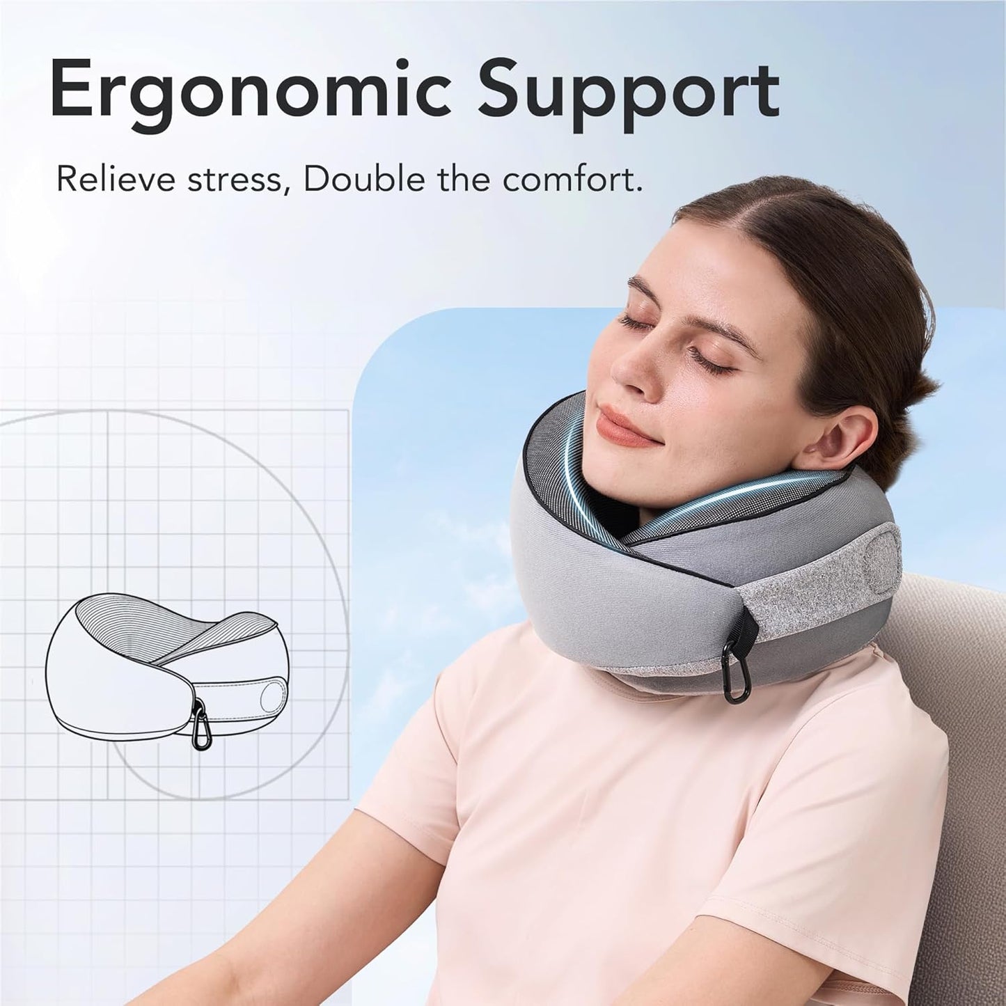 Travel Pillow, 100% Pure Memory Foam Travel Neck Pillow Airplane Neck Support Ergonomic Design for Traveling Suitable for Airplanes,Offices and Cars-Grey