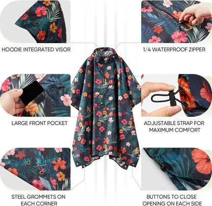 PTEROMY Hooded Rain Poncho for Adult with Pocket, Waterproof Lightweight Unisex Raincoat for Hiking Camping Emergency
